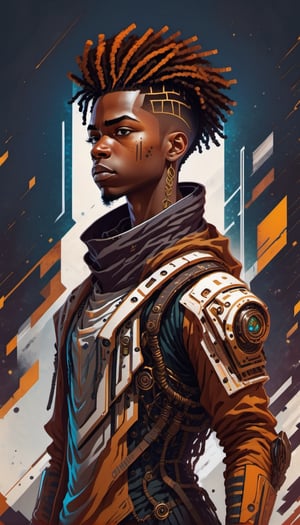 African Nigerian youthful man looking hopeful gearing up for cosmic battle in a sci-fi tech suit,dreadlock, colored_skin, (rusted detailed), (rust), luminicience, cinematic lighting, full_portrait, vector lines,photography,steampunk style,punked,steampunk