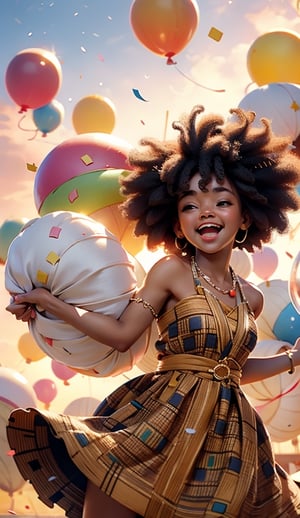 "Generate a heartwarming and cheerful scene of a cute ((African girl character)) with cute long plaited afro hairstyle joyfully dancing to a lively tune. The character is surrounded by a colorful explosion of confetti and a sky filled with floating balloons. Capture the pure joy and exuberance of this moment in a heartwarming and adorable illustration.", Anime, Warm climate, sunset, studio lighting, African Style, African,