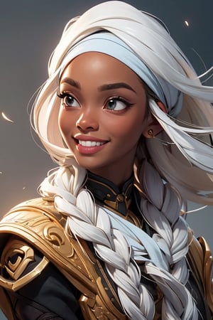 (African Nigerian woman) with white shilloeut skin in futuristic fashion cloth, full hair, full beard, very long beard, hopeful white skin, african style, african woman, black grown woman, ((smiling looking at viewers)), smiling, side view, Portrait, african hand plaited braid, aviator googles,moody expression, prayer mood, Realistic, Hyper realistic, Full detail, 8k, Cinematic shot, Cinematic lighting, Grattifi art, in an abstract paper cut art backgroung