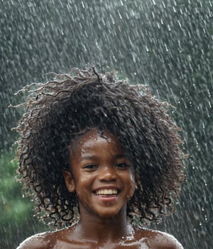  bust view of An African girl child with flowing long afro hairstyle in a exuberant joyful expression being completely wet under a memerizing heavy splashing rain, extasy, joyful, (wet), raining, (extremely wet face), (extremely wet clothing), (rain drops on the screen),(wet viewer's screen), dramatic light, she is very detailed in 8K