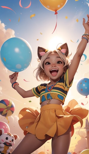 "Generate a heartwarming and cheerful scene of a cute ((African character)) joyfully dancing to a lively tune. The character is surrounded by a colorful explosion of confetti and a sky filled with floating balloons. Capture the pure joy and exuberance of this moment in a heartwarming and adorable illustration.", Anime, Warm climate, sunset, studio lighting
