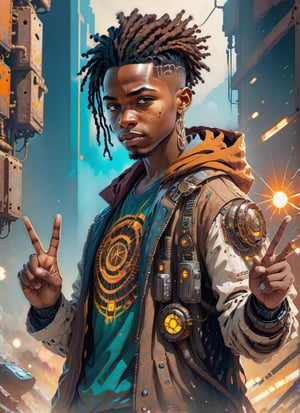 African Nigerian youthful man looking hopeful gearing up for cosmic battle in a sci-fi tech suit,dreadlock, doing the two finger peace sign, colored_skin, (rusted detailed), (rust), luminicience, cinematic lighting, full_portrait, vector lines,photography,stylish,punked,steampunk, graffiti