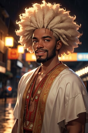 masterpiece, upper body portrait, standing, very big grin, (looking at viewer:1.2), ((African man), Afro, African man, fully beard, masculine, shilloutte, yoruba native wears, | outdoors, city, (night time), night, (raining), cinematic, | depth of field, bokeh, Digital art,