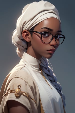 (African Nigerian young girl) with white shilloeut skin in futuristic fashion cloth, glasses, long hair, hopeful white skin, african style, african girl, black girl, side view, Portrait, african hand plaited bread, moody expression, prayer mood, Realistic, Hyper realistic, Full detail, 8k, Cinematic shot, Cinematic lighting, Grattifi art