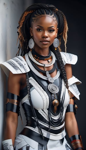 African Nigerian woman) with white shilloeut skin in futuristic fashion cloth, full hair, full beard, very long braid, hopeful, white skin tone,white painted body with tribal markings, african style, african woman, black grown woman, ((smiling looking at viewers)), smiling, side view, Portrait, african hand plaited braid, aviator googles, moody expression, prayer mood, Realistic, Hyper realistic, Full detail, 8k, Cinematic shot, Cinematic lighting, Grattifi art, in an abstract paper cut art backgroung,