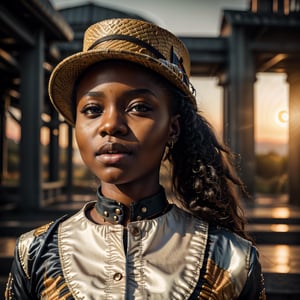 Cute african girl age 14 in futuristic suit, hatter hat, musical instrument, portrait, photograpgy, cibematic lighting, sunset, vibrant, insane, creavity, milky hue,8k, ultra realistic detail, ((flat color background)),perfecteyes