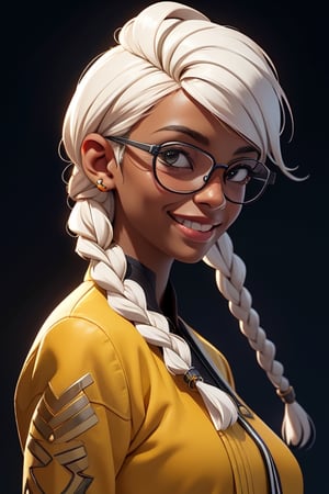 (African Nigerian woman) with white shilloeut skin in futuristic fashion cloth, anti blue ray glasses, glasses, full hair, long braid, very long braid, hopeful white skin, african style, african woman, black grown woman, ((smiling looking at viewers)), smiling, side view, Portrait, african hand plaited braid, aviator googles,moody expression, prayer mood, Realistic, Hyper realistic, Full detail, 8k, Cinematic shot, Cinematic lighting, Grattifi art, in an abstract paper cut art backgroung