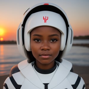 Cute african girl age 14 in futuristic suit,portrait, photograpgy, cibematic lighying, sunset, vibrant, insane, creavity, milk hue