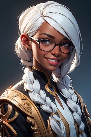 (African Nigerian woman) with white shilloeut skin in futuristic fashion cloth, anti blue ray glasses, glasses, full hair, long braid, very long braid, hopeful white skin, african style, african woman, black grown woman, ((smiling looking at viewers)), smiling, side view, Portrait, african hand plaited braid, aviator googles,moody expression, prayer mood, Realistic, Hyper realistic, Full detail, 8k, Cinematic shot, Cinematic lighting, Grattifi art, in an abstract paper cut art backgroung