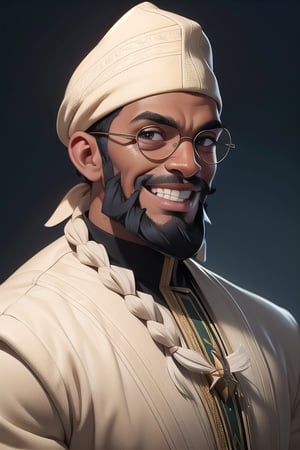 (African Nigerian grown man) with white shilloeut skin in futuristic fashion cloth, full hair, full beard, very long beard, hopeful white skin, african style, african man, black grown man, ((smiling looking at viewers)), smiling, side view, Portrait, african hand plaited braid, aviator googles,moody expression, prayer mood, Realistic, Hyper realistic, Full detail, 8k, Cinematic shot, Cinematic lighting, Grattifi art