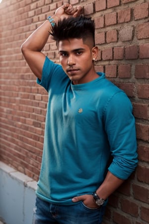 spiked_hair  , indian boy giving pose, blue shirt , clean sky blue brickwall hd background, no shadow , sweat_drop,xyzsansweater realistic