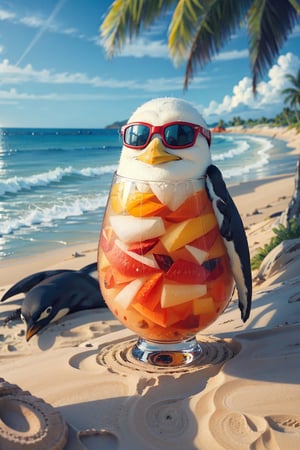 A penguin wearing sunglasses, sipping a tropical drink on a beach."