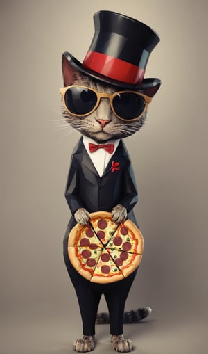 "Create an image of a mischievous cat wearing sunglasses and a top hat, plotting an elaborate scheme to steal a pizza."
