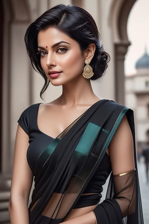 create a hyper realistic vertical photo of Indian most attractive woman in her 40s, Trendsetter wolf cut black hair, trending on artstation, portrait, digital art, modern, sleek, highly detailed, formal, determined, wearing saree, in venisce city france, 36D , fairy tone, fair skin, flirty gaze, anne hathway