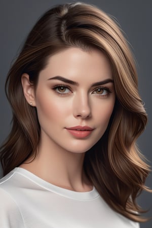 craft a hyper realistic vertical photo of most attractive serious woman in her 30s in T-shirt Dresses, trending on artstation, portrait, digital art, modern, sleek, highly detailed, formal, serious, determined, CEO, colorized, smooth, charming, pretty, soft smile, soft lips, black eyes, Trendsetter wolf cut brown hair, anne hathway,