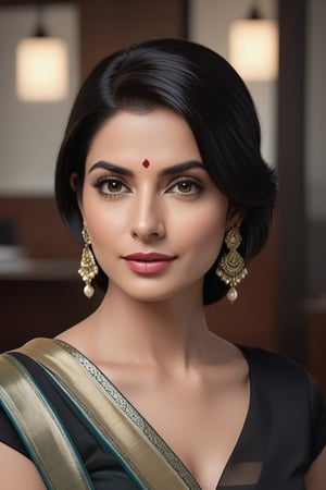 create a hyper realistic vertical photo of Indian most attractive woman in her 40s, Trendsetter wolf cut black hair, trending on artstation, portrait, digital art, modern, sleek, highly detailed, formal, determined, wearing saree, in luxurious office, 36D , fairy tone, fair skin, flirty gaze, anne hathway