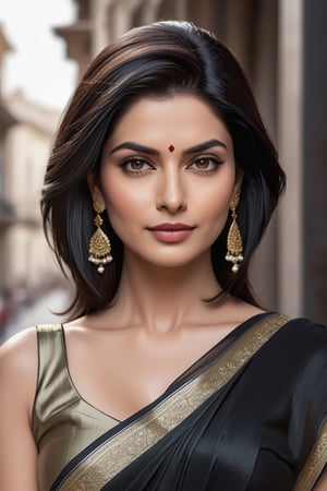 create a hyper realistic vertical photo of Indian most attractive woman in her 40s, Trendsetter wolf cut black hair, trending on artstation, portrait, digital art, modern, sleek, highly detailed, formal, determined, wearing saree, in venisce city france, 36D , fairy tone, fair skin, flirty gaze, anne hathway