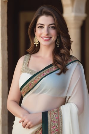 a breathtakingly happy beautiful Lebanon woman Anne hathway, saree, 36D, plus size brest, navel show, perfect symmetric eyes, natural skin texture, hyperrealism, soft light, sharp, 8k hdr, dslr, high contrast, cinematic lighting, high quality, film grain, Fujifilm XT3