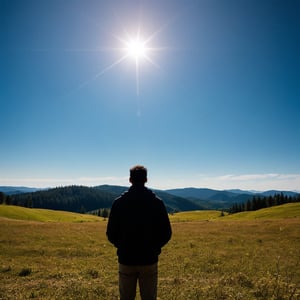 A contemplative figure stands amidst the serene landscape of rolling hills and a brilliant blue sky. The individual's face radiates with a deep sense of introspection, as they gaze thoughtfully into the distance while cradling a meticulously crafted scale model in their hands. In the air above, a swarm of tiny nanobots dance and flutter, their iridescent bodies glinting softly in the sunlight, adding an otherworldly layer to this poignant scene.