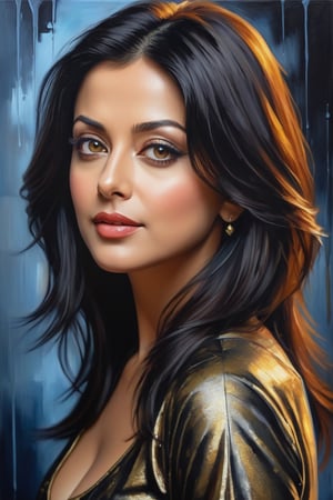 oil painting, heavy brushstrokes, paint drips, a breathtaking portrait of a Mozart, female, Aishwarya Rai, dress_shirt,  medium long fuzzy hair, perfect symmetric eyes,gorgeous face,  rich, deep colors,layered image shaded by cells, golden ratio, award winning, professional,highly detailed, intricate, volumetric lighting, gorgeous, masterpiece, sharp focus, depth of field, perfect composition, award winner, artstation, acrylic painting create a hyper realistic vertical photo of Indian most attractive woman in her 40s, Trendsetter wolf cut black hair, 