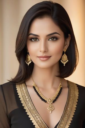 A stately American woman, mid-30, stands confidently against a soft-focus background, radiating poise and authority. Pale light casts a flattering glow on her face, accentuating striking features. She wears a sleek black salwar kameez, its simplicity highlighting her stunning figure. A chin-length bob frames her heart-shaped face, drawing attention to captivating eyes - like polished onyx, they sparkle with intensity. Her soft lips curve into a subtle smile, hinting at knowing confidence. Golden light dances across features, infusing smooth, unlined skin with gentle warmth. A delicate necklace adds understated elegance. She stands tall, her black eyes seeming to bore into the camera lens, exuding determination and leadership.