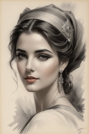 portrait of a beautiful woman from lebanon, most beautiful, Harrison Fisher, charcoal art, black charcoal
on antique paper, intricate details, ultra high quality model, masterpiece, sharp focus, depth of field, unreal engine