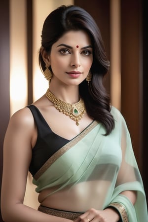 create a hyper realistic vertical photo of Indian most attractive woman in her 40s, choker belt, Trendsetter wolf cut black hair, perfect symmetric eyes, natural skin texture, hyperrealism, soft light, sharp, 8k hdr, dslr, high contrast, cinematic lighting, high quality, film grain, Fujifilm XT3, wearing saree, in luxurious hotel, 36D , fairy tone, fair skin, flirty gaze, anne hathway, 