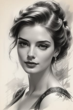 portrait of a beautiful Russian woman, Anne hathway, Harrison Fisher, charcoal art, black charcoal
on antique paper, intricate details, ultra high quality model, masterpiece, sharp focus, depth of field, unreal engine