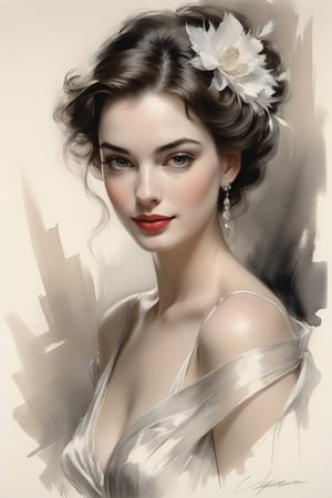 A stunning portrait of a ravishing Russian woman, reminiscent of Anne Hathaway's elegance, as rendered by the masterful Harrison Fisher. Charcoal strokes dance across antique paper, imbuing the artwork with a sense of nostalgia and sophistication. Her porcelain skin glows with an ethereal light, set against a subtle background that seems to fade into the shadows. The subject's gaze is direct, yet mysterious, drawing the viewer in with an irresistible allure. Sharply focused, her features are rendered with exquisite detail, as if crafted by the finest artisans of unreal engine. A masterpiece of charcoal art, this portrait exudes refinement and beauty, its intricate details a testament to the artist's skill and dedication.