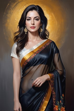 oil painting, heavy brushstrokes, paint drips, a breathtaking portrait of a Mozart, female, Anne hathway, wearing floral transparent saree, medium long fuzzy hair, perfect symmetric eyes,gorgeous face,  rich, deep colors,layered image shaded by cells, golden ratio, award winning, professional,highly detailed, intricate, volumetric lighting, gorgeous, masterpiece, sharp focus, depth of field, perfect composition, award winner, artstation, acrylic painting create a hyper realistic vertical photo of Indian most attractive woman in her 40s, Trendsetter wolf cut black hair, 