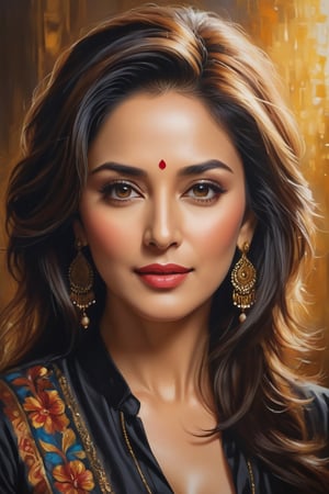 oil painting, heavy brushstrokes, paint drips, a breathtaking portrait of a Mozart, female, Madhuri Dixit, dress_shirt,  medium long fuzzy hair, perfect symmetric eyes,gorgeous face,  rich, deep colors,layered image shaded by cells, golden ratio, award winning, professional,highly detailed, intricate, volumetric lighting, gorgeous, masterpiece, sharp focus, depth of field, perfect composition, award winner, artstation, acrylic painting create a hyper realistic vertical photo of Indian most attractive woman in her 40s, Trendsetter wolf cut black hair, 
