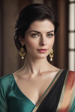 create a hyper realistic vertical photo of Caucasian most attractive woman in her 40s, Trendsetter wolf cut black hair, trending on artstation, portrait,perfect symmetric eyes, natural skin texture, hyperrealism, soft light, sharp, 8k hdr, dslr, high contrast, cinematic lighting, high quality, film grain, Fujifilm XT3, wearing saree, no blouse, in luxurious Villa, 36D , fairy tone, fair skin, flirty gaze, anne hathway