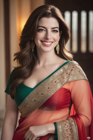 a breathtakingly happy beautiful Lebanon woman Anne hathway, saree, 36D, plus size brest, navel show, perfect symmetric eyes, natural skin texture, hyperrealism, soft light, sharp, 8k hdr, dslr, high contrast, cinematic lighting, high quality, film grain, Fujifilm XT3