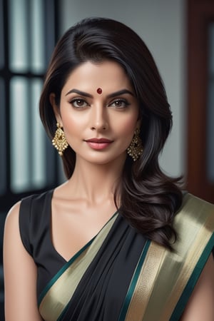 create a hyper realistic vertical photo of Indian most attractive woman in her 40s, Trendsetter wolf cut black hair, trending on artstation, portrait, digital art, modern, sleek, highly detailed, formal, determined, wearing saree, in luxurious office, 36D , fairy tone, fair skin, flirty gaze, anne hathway