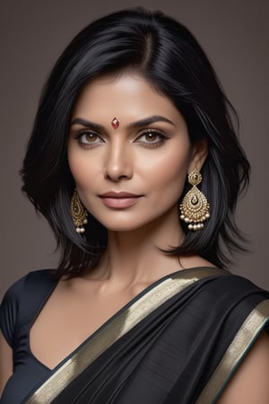 create a hyper realistic vertical photo of Indian most attractive woman in her 40s, Trendsetter wolf cut black hair, trending on artstation, portrait, digital art, modern, sleek, highly detailed, formal, determined, 36D ,  fairy tone, saree, Michelle Pfeiffer, navel show


