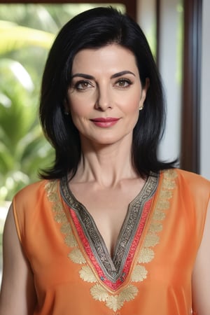 create a hyper realistic vertical photo of Caucasian most attractive woman in her 40s, Trendsetter wolf cut black hair, trending on artstation, portrait,perfect symmetric eyes, natural skin texture, hyperrealism, soft light, sharp, 8k hdr, dslr, high contrast, cinematic lighting, high quality, film grain, Fujifilm XT3, wearing saree, no blouse, in luxurious Villa, 36D , fairy tone, fair skin, flirty gaze, anne hathway