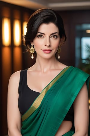 create a hyper realistic vertical photo of Labnon most attractive woman in her 40s, Trendsetter wolf cut black hair, perfect symmetric eyes, hyper realistic skin texture, realistic, award-winning photograph, rim ambient lighting, 8k, dslr, soft lighting, high quality, film grain, Fujifilm XT3, wearing saree, no blouse, in luxurious office, 36D , fairy tone, fair skin, flirty gaze, anne hathway