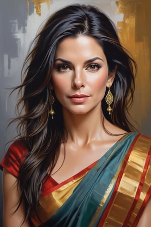 oil painting, heavy brushstrokes, paint drips, a breathtaking portrait of a Mozart, female, Sandra Bullock, Saree,  medium long fuzzy hair, perfect symmetric eyes,gorgeous face,  rich, deep colors,layered image shaded by cells, golden ratio, award winning, professional,highly detailed, intricate, volumetric lighting, gorgeous, masterpiece, sharp focus, depth of field, perfect composition, award winner, artstation, acrylic painting create a hyper realistic vertical photo of Indian most attractive woman in her 40s, Trendsetter wolf cut black hair, 