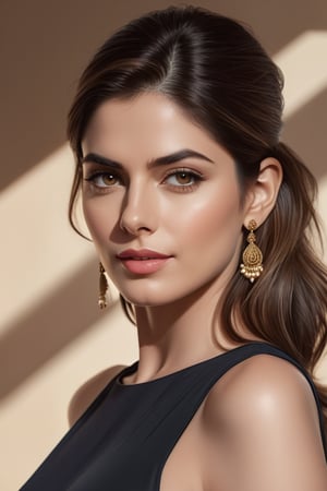 craft a hyper realistic vertical photo of Indian most attractive serious woman in her 30s in sun-shirt Dresses, trending on artstation, portrait, digital art, modern, sleek, highly detailed, formal, serious, determined, CEO, colorized, smooth, charming, pretty, soft smile, soft lips, black eyes, Trendsetter wolf cut brown hair, anne hathway,