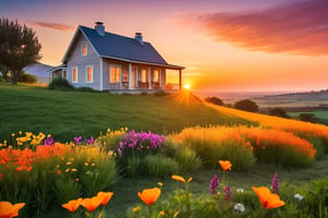 Capture a breathtaking 4K resolution sunrise scene of a serene residential plot, featuring a beautifully constructed one-bedroom house surrounded by lush green grass and vibrant wildflowers. In the clear blue sky, birds take flight as the sun rises majestically, casting warm golden light on the landscape. The atmospheric lighting enhances the vivid colors of the scenery, with a dramatic gradient of oranges, yellows, and pinks painting the horizon.