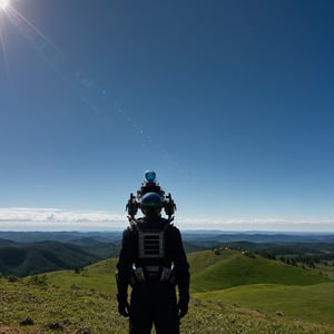 A solitary figure stands atop a hill, gazing out at the endless expanse of a brilliant blue sky. The rolling hills stretch out before them, a gentle slope of green as far as the eye can see. In their hands, they carry a meticulously crafted scale model, its intricate details and textures a testament to human ingenuity. Meanwhile, a swarm of nanobots buzzes around the figure's head, their tiny forms glinting in the sunlight like a constellation of metallic stars.