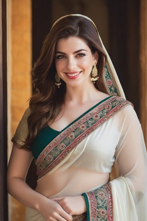 a breathtakingly happy beautiful Lebanon woman Anne hathway, saree, 36D, plus size brest, navel show, perfect symmetric eyes, natural skin texture, hyperrealism, soft light, sharp, 8k hdr, dslr, high contrast, cinematic lighting, high quality, film grain, Fujifilm XT3