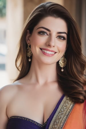 a breathtakingly happy beautiful Lebanon woman Anne hathway, saree, 36D, plus size brest, navel show, perfect symmetric eyes, natural skin texture, hyperrealism, soft light, sharp, 8k hdr, dslr, high contrast, cinematic lighting, high quality, film grain, Fujifilm XT3