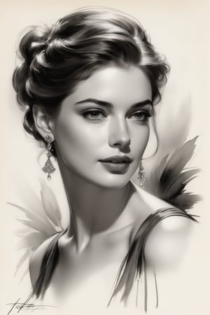 portrait of a beautiful Russian woman, Anne hathway, Harrison Fisher, charcoal art, black charcoal
on antique paper, intricate details, ultra high quality model, masterpiece, sharp focus, depth of field, unreal engine