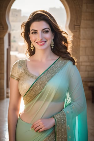 a breathtakingly happy beautiful Lebanon woman Anne hathway, saree, 36D, plus size brest, navel show, perfect symmetric eyes, natural skin texture, hyperrealism, soft light, sharp, 8k hdr, dslr, high contrast, cinematic lighting, high quality, film grain, Fujifilm XT3