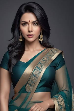 create a hyper realistic vertical photo of Indian most attractive woman in her 40s, Trendsetter wolf cut black hair, trending on artstation, portrait, digital art, modern, sleek, highly detailed, formal, determined, 36D ,  fairy tone, saree, navel show, Scarlett Ingrid Johansson


