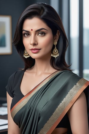 create a hyper realistic vertical photo of Indian most attractive woman in her 40s, Trendsetter wolf cut black hair, trending on artstation, portrait, digital art, modern, sleek, highly detailed, formal, determined, wearing saree, in luxurious office, 36D , fairy tone, fair skin, flirty gaze, anne hathway