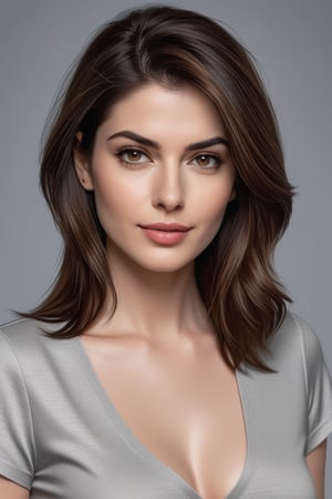 craft a hyper realistic vertical photo of Indian most attractive serious woman in her 30s in T-shirt Dresses, trending on artstation, portrait, digital art, modern, sleek, highly detailed, formal, serious, determined, CEO, colorized, smooth, charming, pretty, soft smile, soft lips, black eyes, Trendsetter wolf cut brown hair, anne hathway,