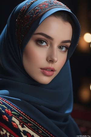 Close up, Lana Rhoades woman, hijab ,naked, big buttock, navel show, (persian rug), at night, dark theme, award-winning, professional, highly detailed . shallow depth of field, highly detailed, high budget , gorgeous, film grain, grainy, realistic