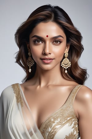 A stunning portrait of Deepika Padukone: a breathtakingly happy Indian woman posing confidently against a clean white background. Her beautiful saree drapes elegantly around her curvy figure, accentuating her 36D bust. Her perfect symmetric eyes sparkle with joy, framed by luscious lashes and set against a soft, natural skin texture. The hyperrealism is so precise that it almost feels three-dimensional. Soft light wraps around her face, highlighting the contours of her features. Shot in 8K HDR on a DSLR camera, the high-contrast image boasts cinematic lighting with subtle film grain, reminiscent of Fujifilm XT3's signature aesthetic.